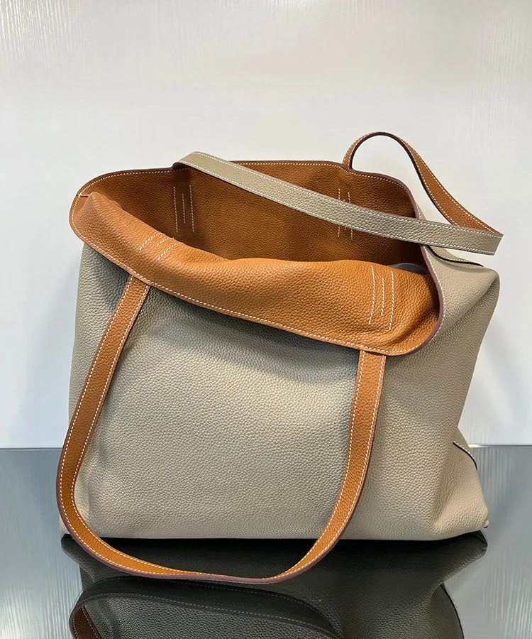 Luxury High-end Pebbled Full Grain Leather Double-Sided Two Tone Tote Bag, Real Genuine Leather Minimalist Oversized Handbag for Everyday & Travel