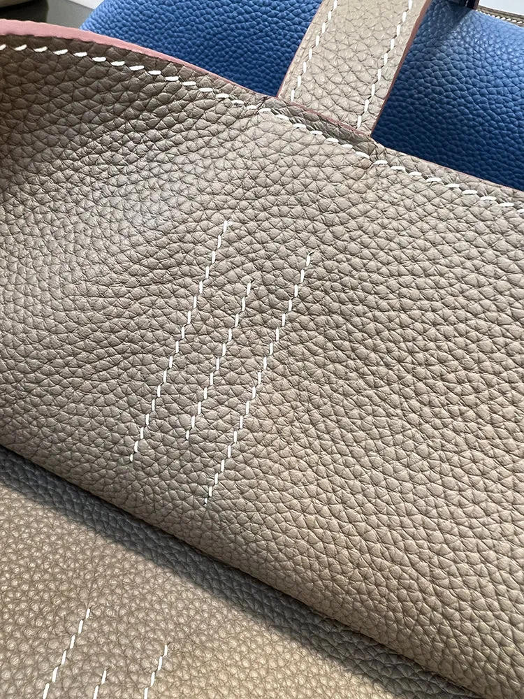 Luxury High-end Pebbled Full Grain Leather Double-Sided Two Tone Tote Bag, Real Genuine Leather Minimalist Oversized Handbag for Everyday & Travel