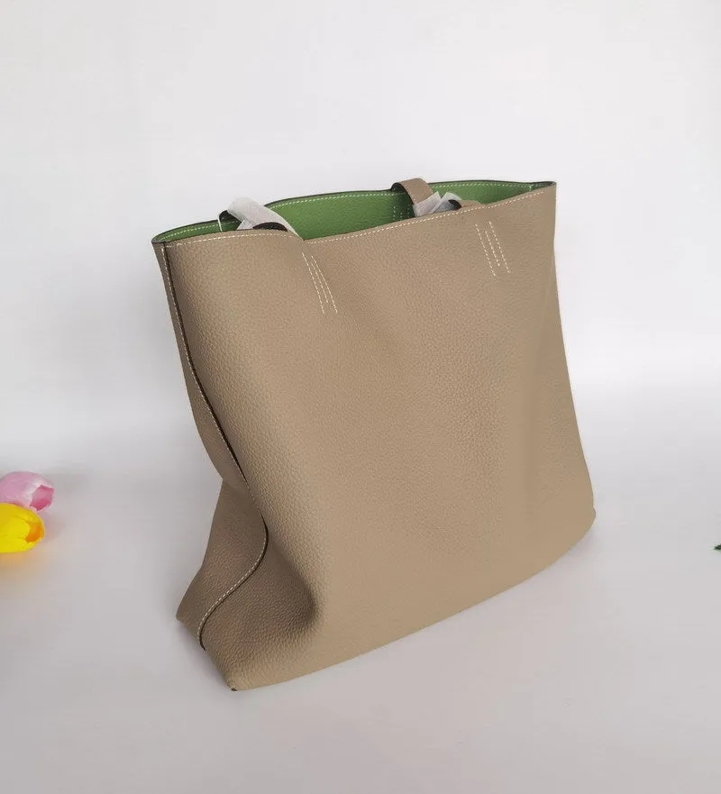 Luxury High-end Pebbled Full Grain Leather Double-Sided Two Tone Tote Bag, Real Genuine Leather Minimalist Oversized Handbag for Everyday & Travel