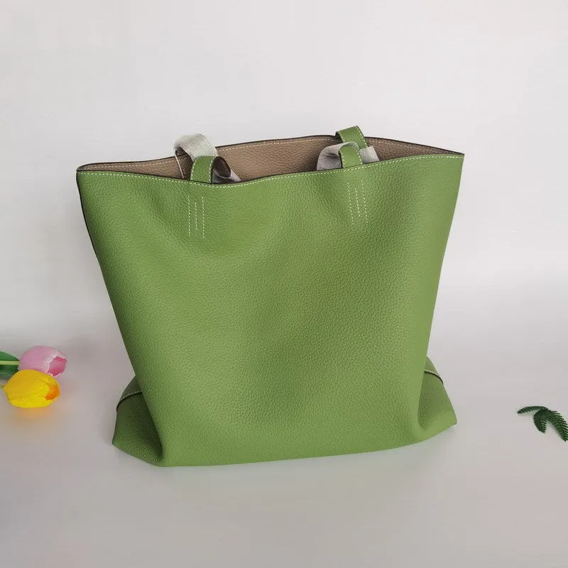 Luxury High-end Pebbled Full Grain Leather Double-Sided Two Tone Tote Bag, Real Genuine Leather Minimalist Oversized Handbag for Everyday & Travel