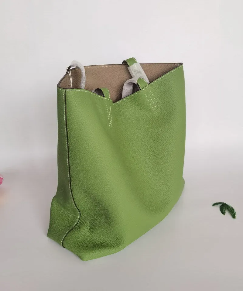 Luxury High-end Pebbled Full Grain Leather Double-Sided Two Tone Tote Bag, Real Genuine Leather Minimalist Oversized Handbag for Everyday & Travel
