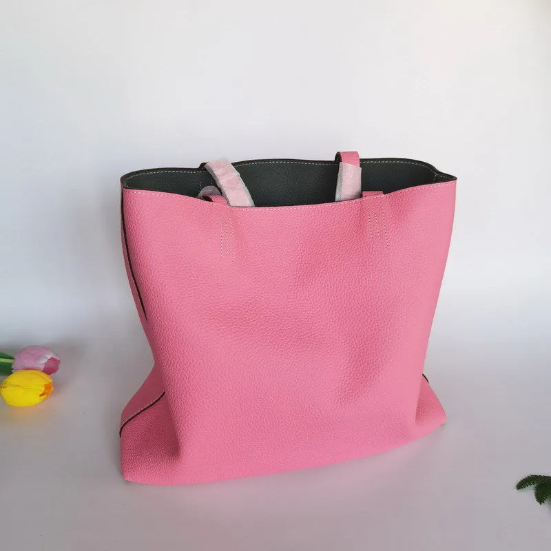 Luxury High-end Pebbled Full Grain Leather Double-Sided Two Tone Tote Bag, Real Genuine Leather Minimalist Oversized Handbag for Everyday & Travel