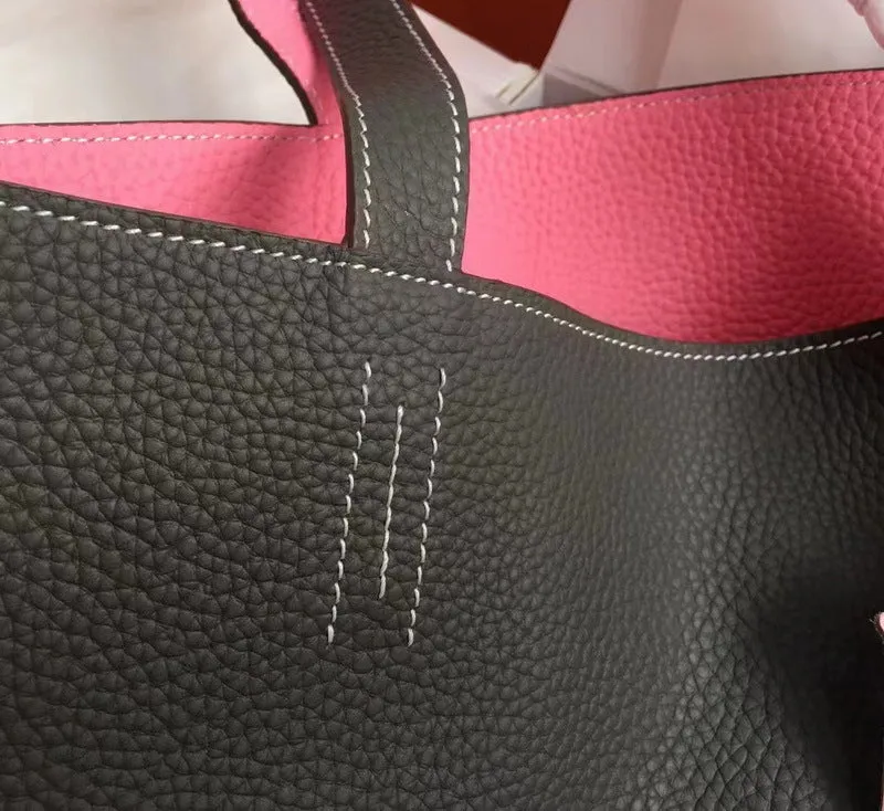 Luxury High-end Pebbled Full Grain Leather Double-Sided Two Tone Tote Bag, Real Genuine Leather Minimalist Oversized Handbag for Everyday & Travel