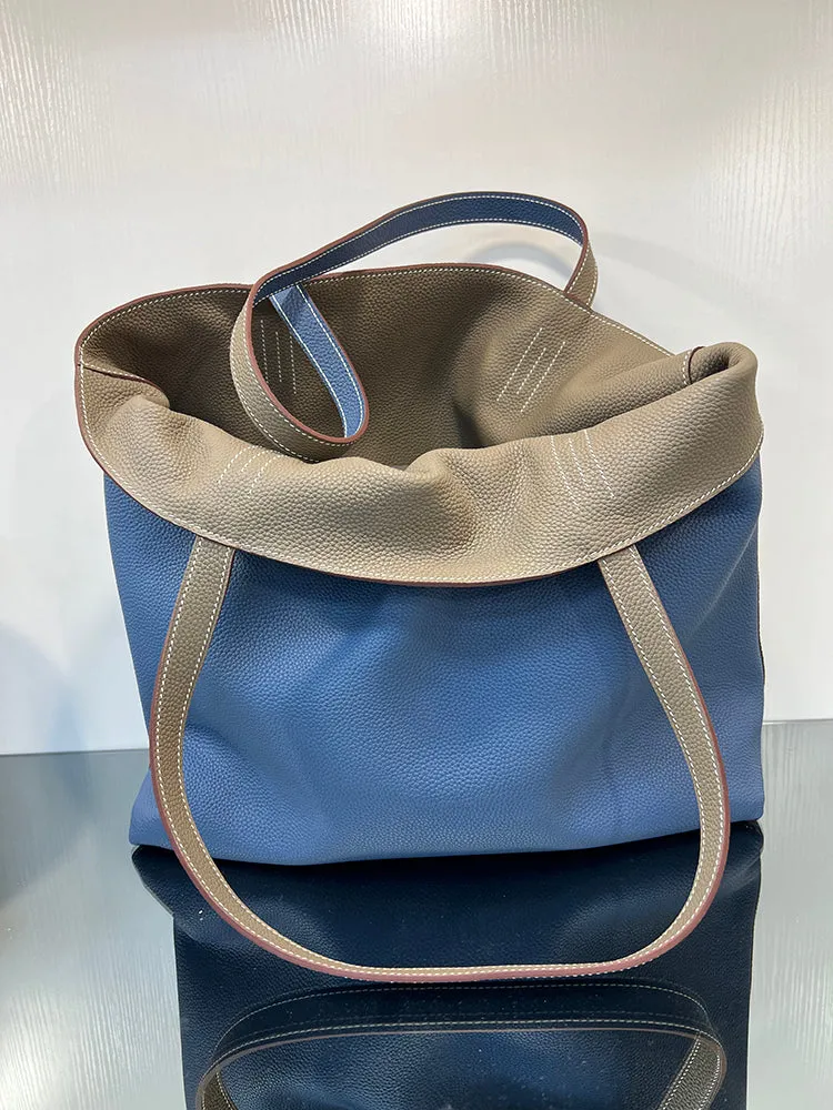 Luxury High-end Pebbled Full Grain Leather Double-Sided Two Tone Tote Bag, Real Genuine Leather Minimalist Oversized Handbag for Everyday & Travel