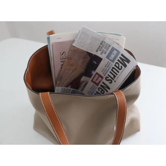 Luxury High-end Pebbled Full Grain Leather Double-Sided Two Tone Tote Bag, Real Genuine Leather Minimalist Oversized Handbag for Everyday & Travel