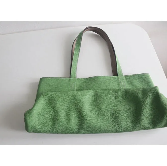 Luxury High-end Pebbled Full Grain Leather Double-Sided Two Tone Tote Bag, Real Genuine Leather Minimalist Oversized Handbag for Everyday & Travel