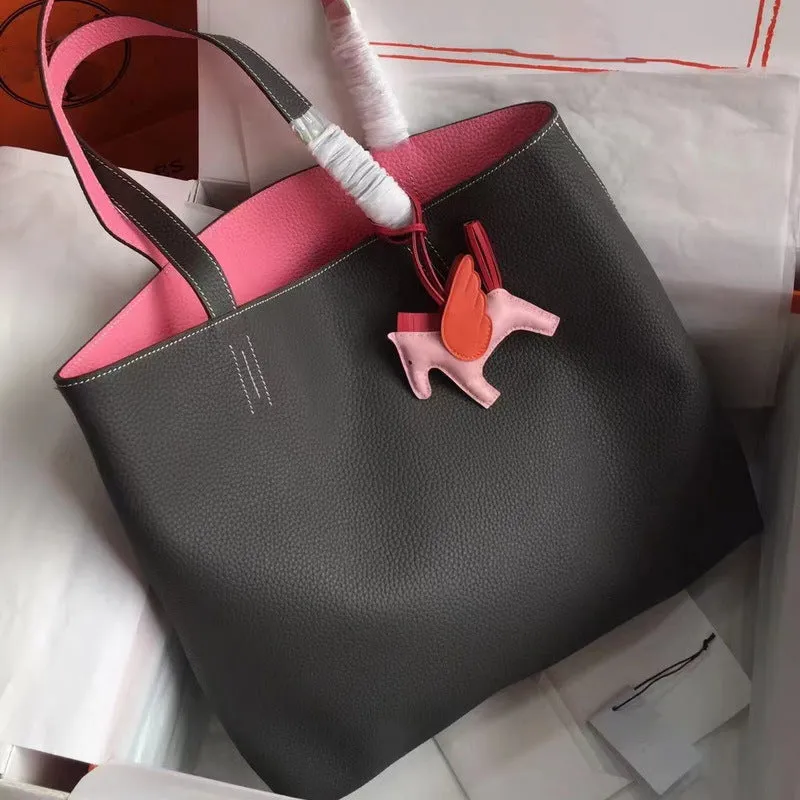 Luxury High-end Pebbled Full Grain Leather Double-Sided Two Tone Tote Bag, Real Genuine Leather Minimalist Oversized Handbag for Everyday & Travel