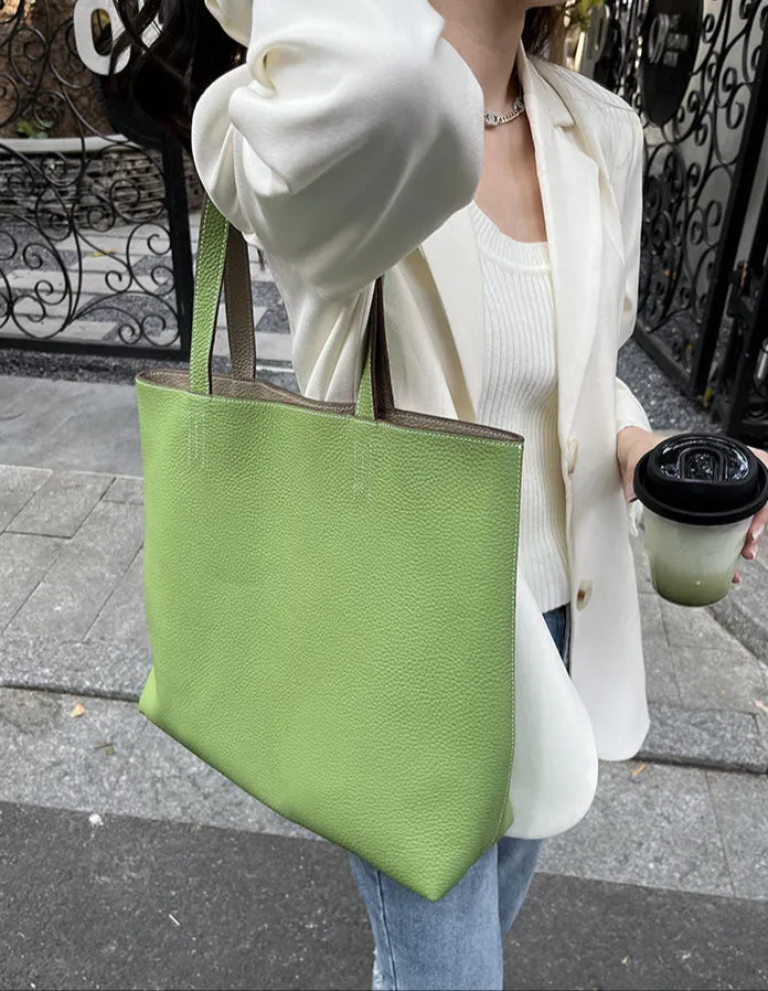 Luxury High-end Pebbled Full Grain Leather Double-Sided Two Tone Tote Bag, Real Genuine Leather Minimalist Oversized Handbag for Everyday & Travel