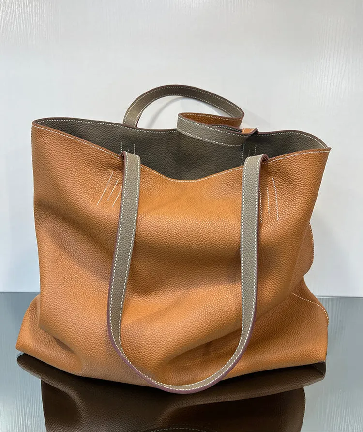 Luxury High-end Pebbled Full Grain Leather Double-Sided Two Tone Tote Bag, Real Genuine Leather Minimalist Oversized Handbag for Everyday & Travel