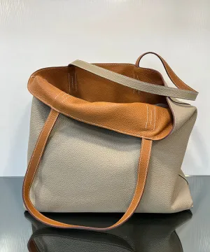 Luxury High-end Pebbled Full Grain Leather Double-Sided Two Tone Tote Bag, Real Genuine Leather Minimalist Oversized Handbag for Everyday & Travel