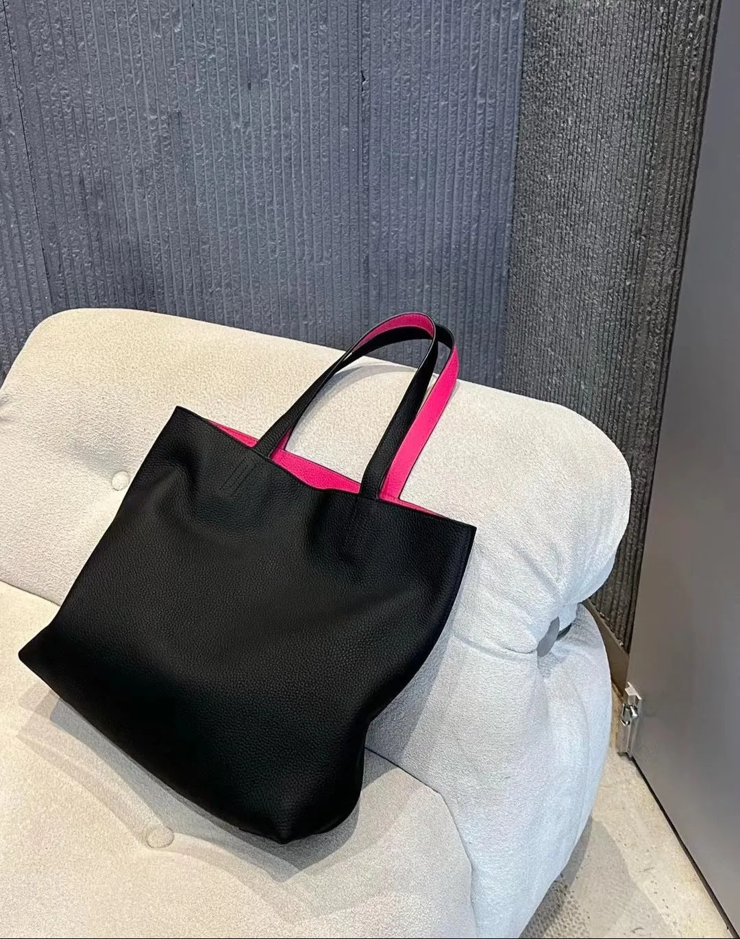 Luxury High-end Pebbled Full Grain Leather Double-Sided Two Tone Tote Bag, Real Genuine Leather Minimalist Oversized Handbag for Everyday & Travel