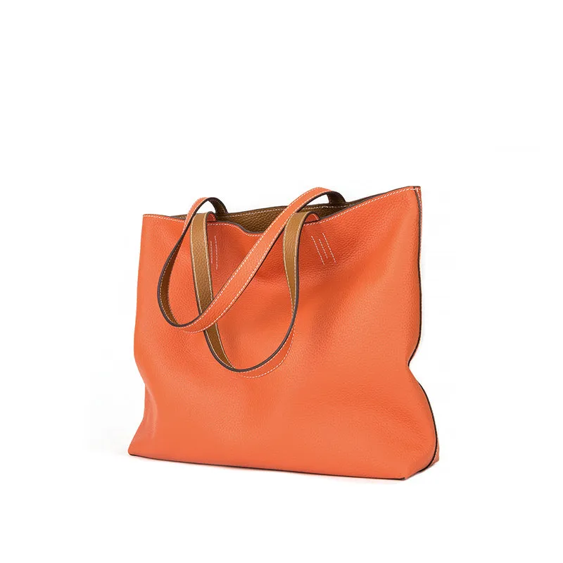 Luxury High-end Pebbled Full Grain Leather Double-Sided Two Tone Tote Bag, Real Genuine Leather Minimalist Oversized Handbag for Everyday & Travel