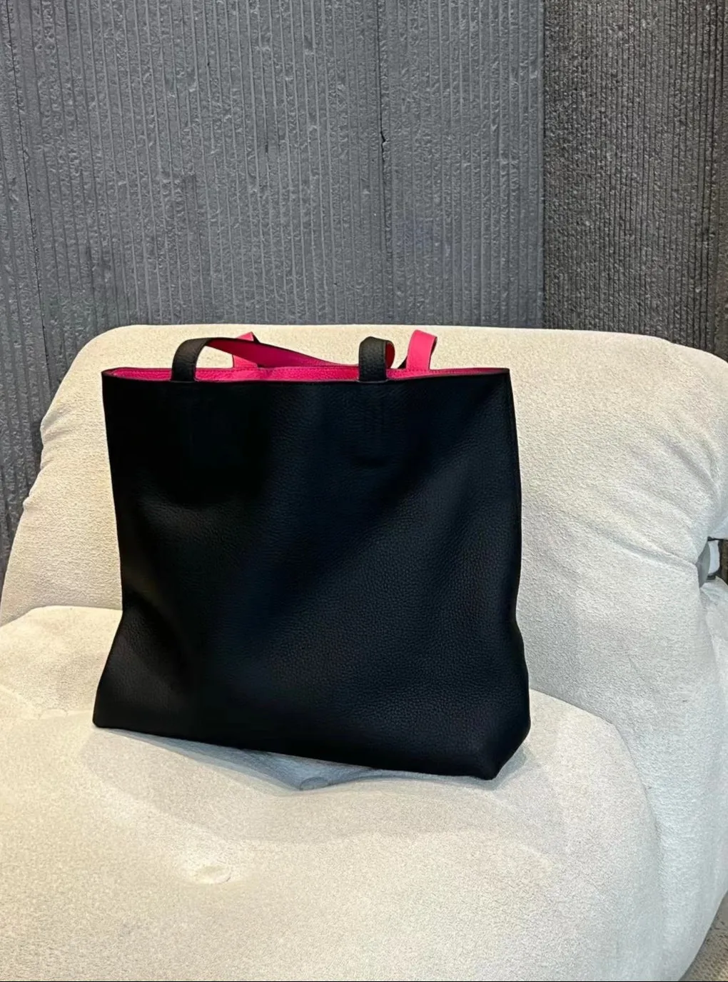 Luxury High-end Pebbled Full Grain Leather Double-Sided Two Tone Tote Bag, Real Genuine Leather Minimalist Oversized Handbag for Everyday & Travel