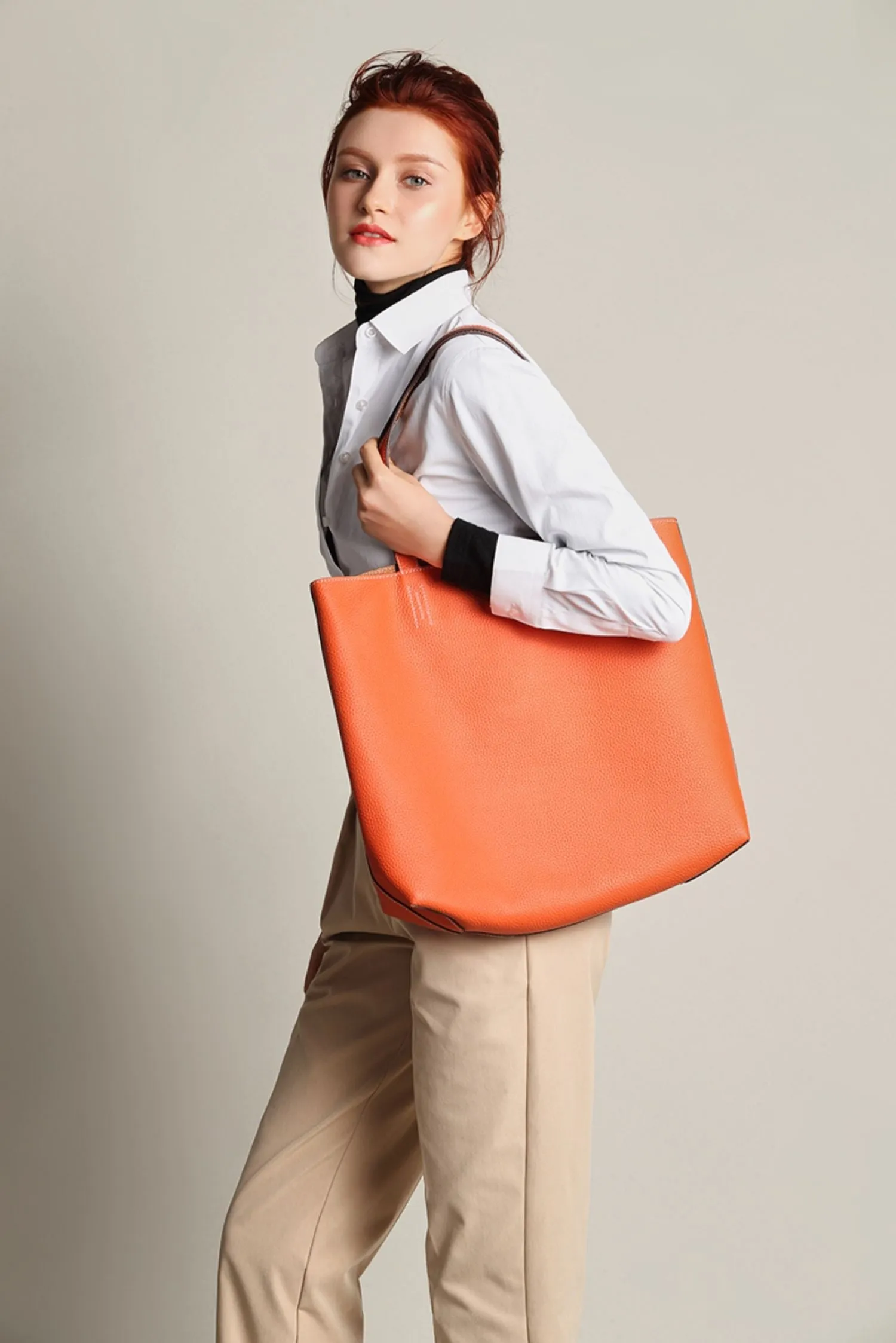 Luxury High-end Pebbled Full Grain Leather Double-Sided Two Tone Tote Bag, Real Genuine Leather Minimalist Oversized Handbag for Everyday & Travel