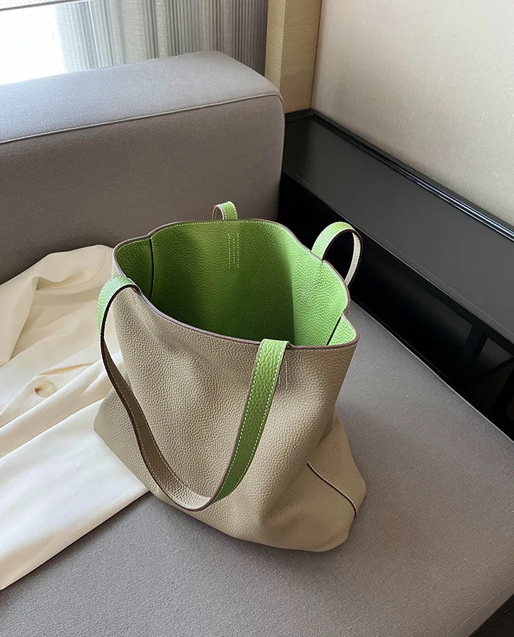 Luxury High-end Pebbled Full Grain Leather Double-Sided Two Tone Tote Bag, Real Genuine Leather Minimalist Oversized Handbag for Everyday & Travel