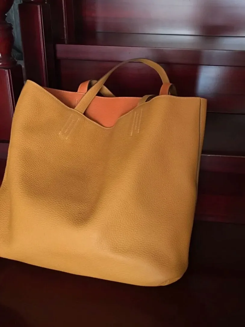 Luxury High-end Pebbled Full Grain Leather Double-Sided Two Tone Tote Bag, Real Genuine Leather Minimalist Oversized Handbag for Everyday & Travel