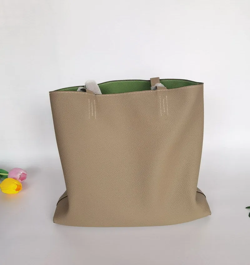 Luxury High-end Pebbled Full Grain Leather Double-Sided Two Tone Tote Bag, Real Genuine Leather Minimalist Oversized Handbag for Everyday & Travel