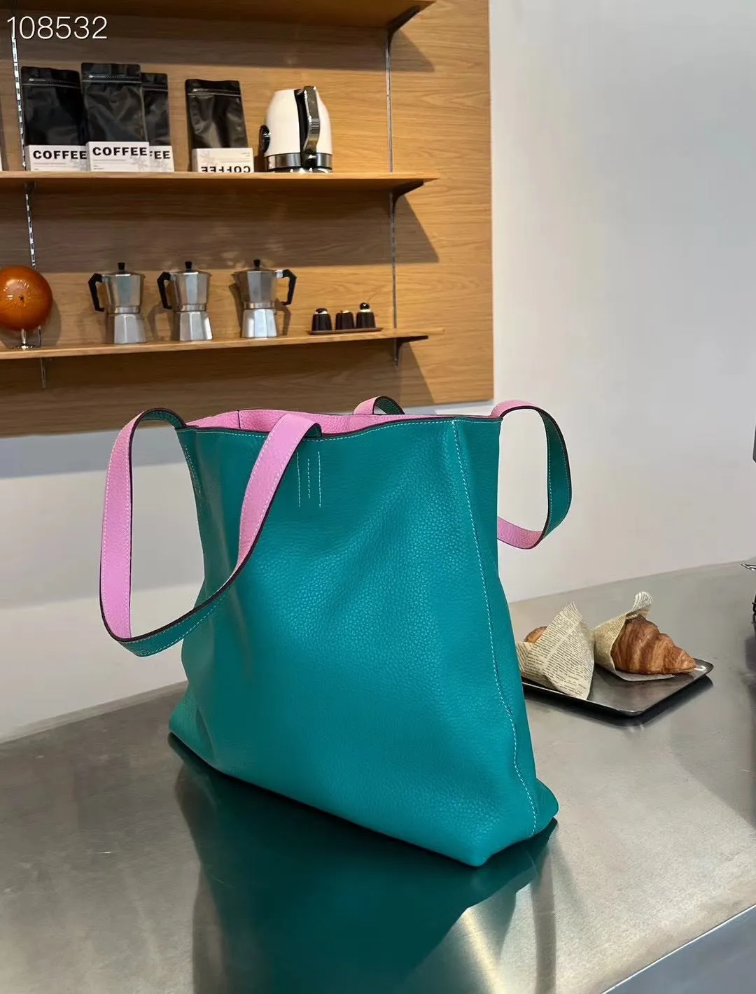 Luxury High-end Pebbled Full Grain Leather Double-Sided Two Tone Tote Bag, Real Genuine Leather Minimalist Oversized Handbag for Everyday & Travel