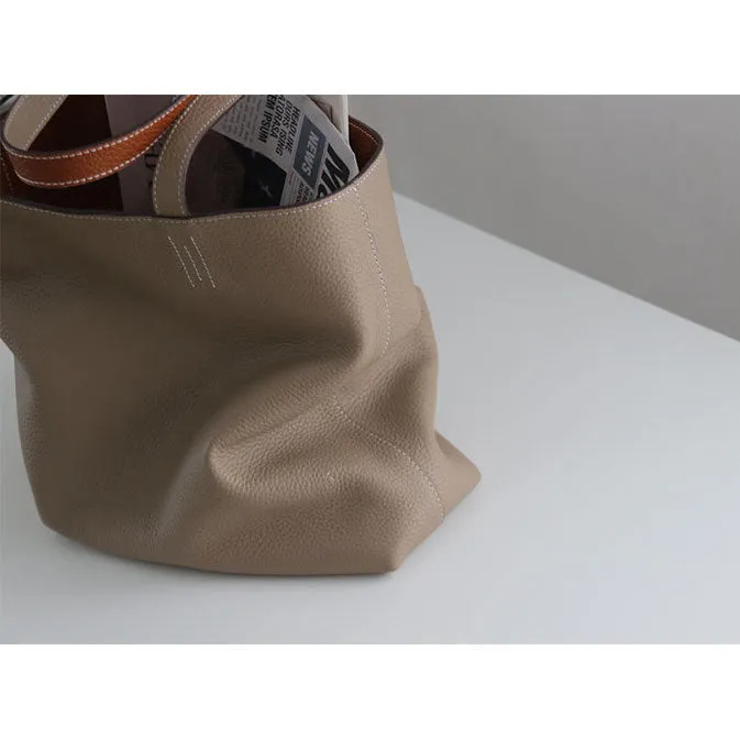 Luxury High-end Pebbled Full Grain Leather Double-Sided Two Tone Tote Bag, Real Genuine Leather Minimalist Oversized Handbag for Everyday & Travel