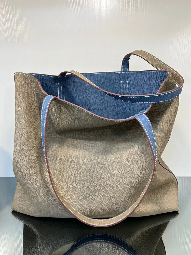 Luxury High-end Pebbled Full Grain Leather Double-Sided Two Tone Tote Bag, Real Genuine Leather Minimalist Oversized Handbag for Everyday & Travel