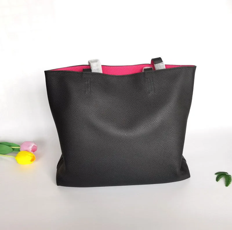 Luxury High-end Pebbled Full Grain Leather Double-Sided Two Tone Tote Bag, Real Genuine Leather Minimalist Oversized Handbag for Everyday & Travel