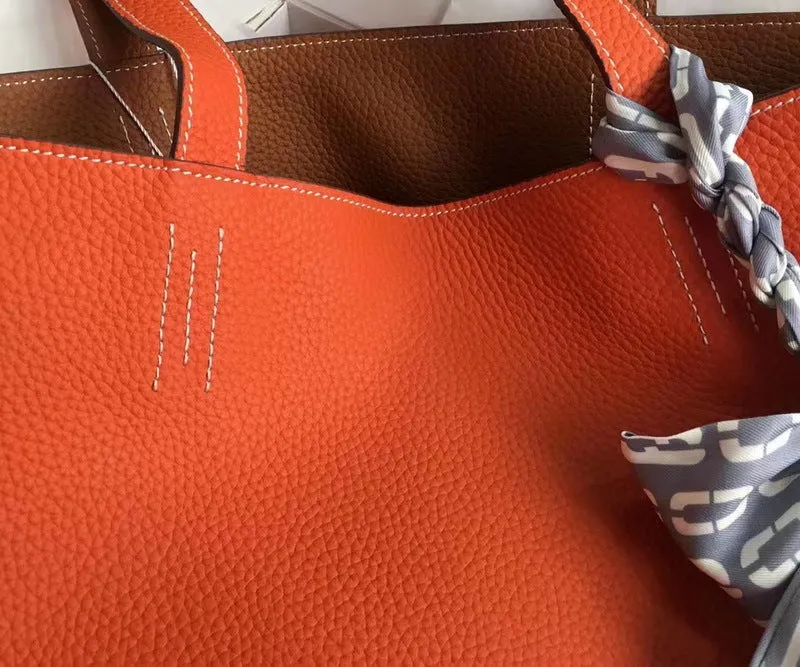 Luxury High-end Pebbled Full Grain Leather Double-Sided Two Tone Tote Bag, Real Genuine Leather Minimalist Oversized Handbag for Everyday & Travel