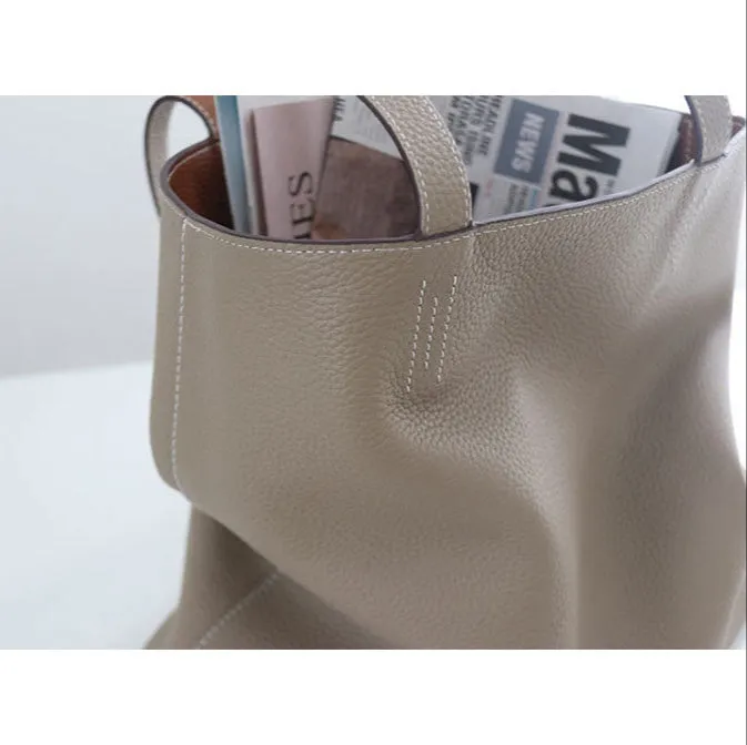 Luxury High-end Pebbled Full Grain Leather Double-Sided Two Tone Tote Bag, Real Genuine Leather Minimalist Oversized Handbag for Everyday & Travel