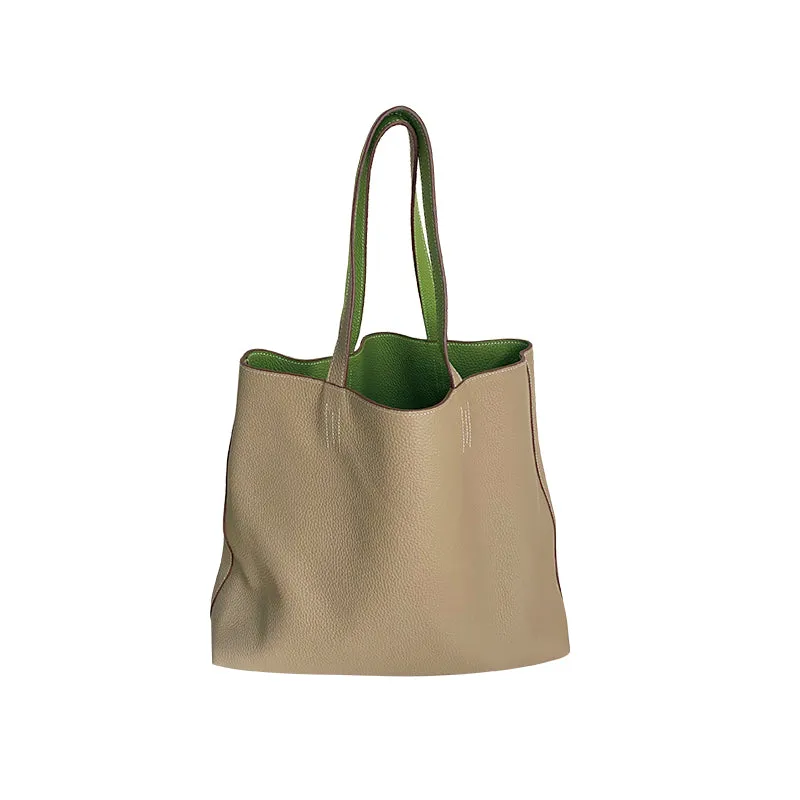 Luxury High-end Pebbled Full Grain Leather Double-Sided Two Tone Tote Bag, Real Genuine Leather Minimalist Oversized Handbag for Everyday & Travel