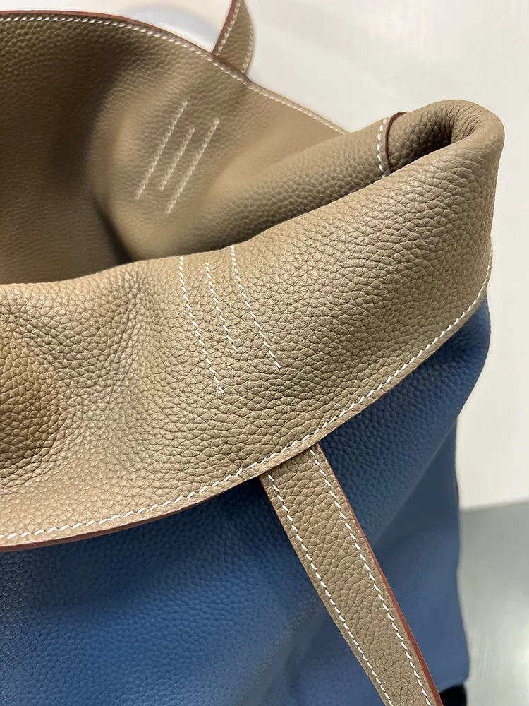 Luxury High-end Pebbled Full Grain Leather Double-Sided Two Tone Tote Bag, Real Genuine Leather Minimalist Oversized Handbag for Everyday & Travel