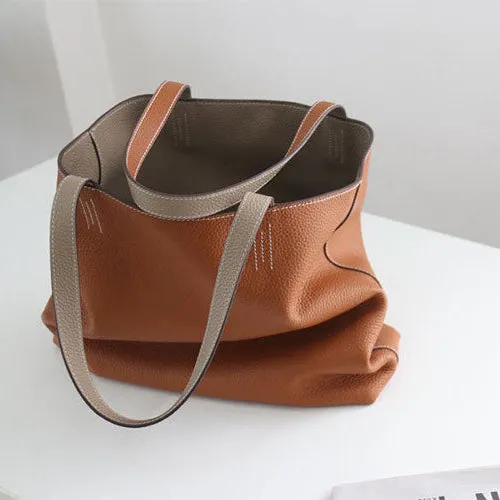 Luxury High-end Pebbled Full Grain Leather Double-Sided Two Tone Tote Bag, Real Genuine Leather Minimalist Oversized Handbag for Everyday & Travel