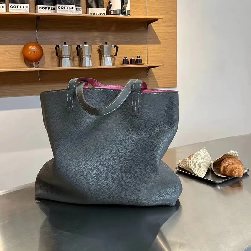 Luxury High-end Pebbled Full Grain Leather Double-Sided Two Tone Tote Bag, Real Genuine Leather Minimalist Oversized Handbag for Everyday & Travel