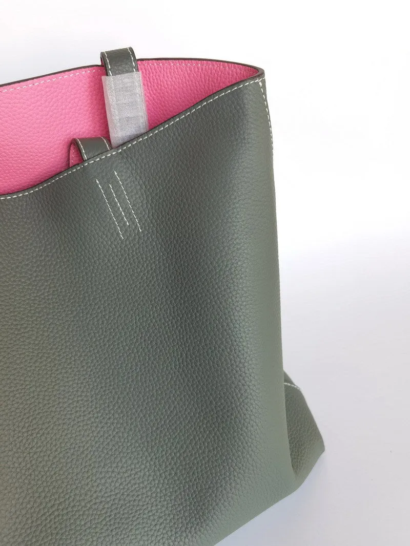Luxury High-end Pebbled Full Grain Leather Double-Sided Two Tone Tote Bag, Real Genuine Leather Minimalist Oversized Handbag for Everyday & Travel