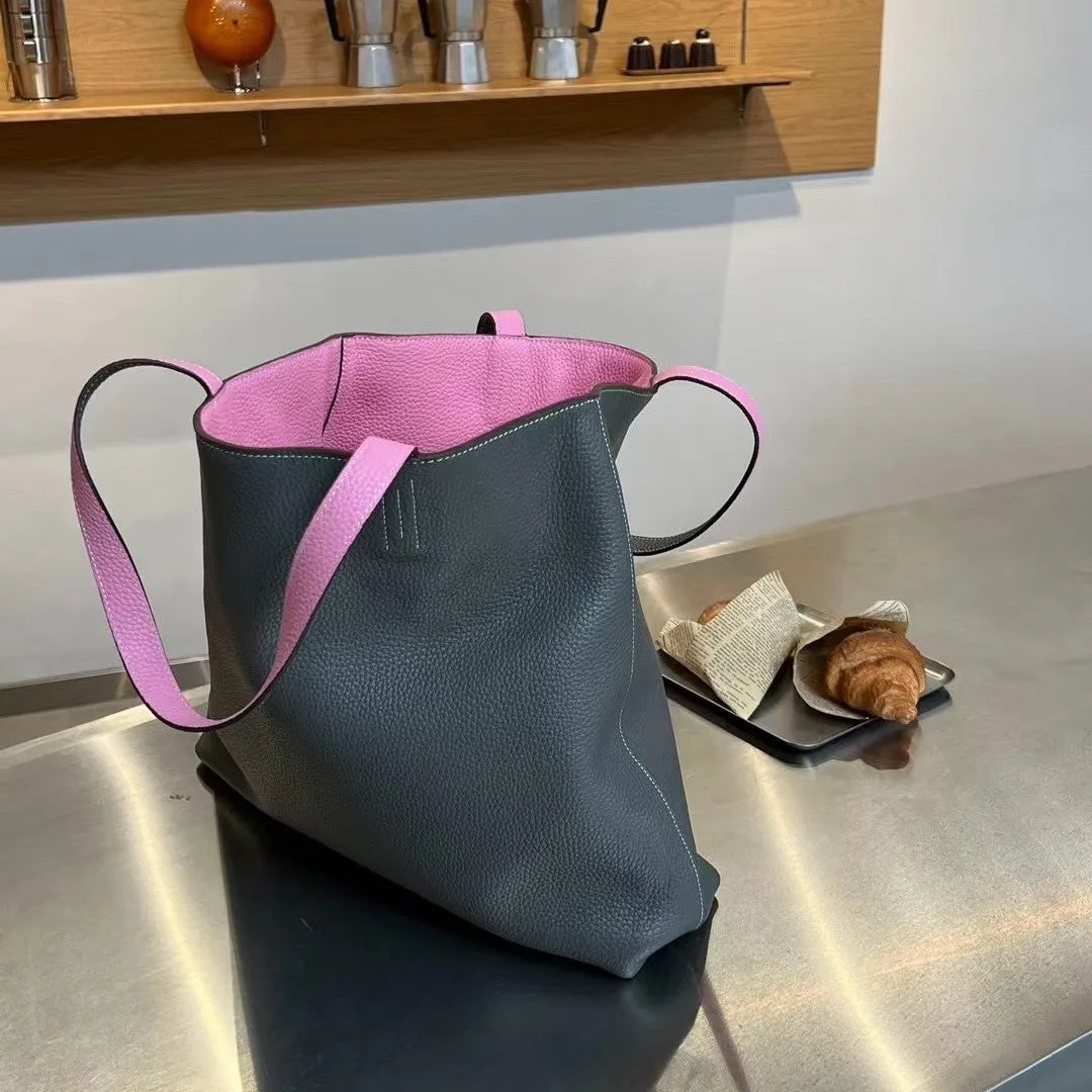 Luxury High-end Pebbled Full Grain Leather Double-Sided Two Tone Tote Bag, Real Genuine Leather Minimalist Oversized Handbag for Everyday & Travel