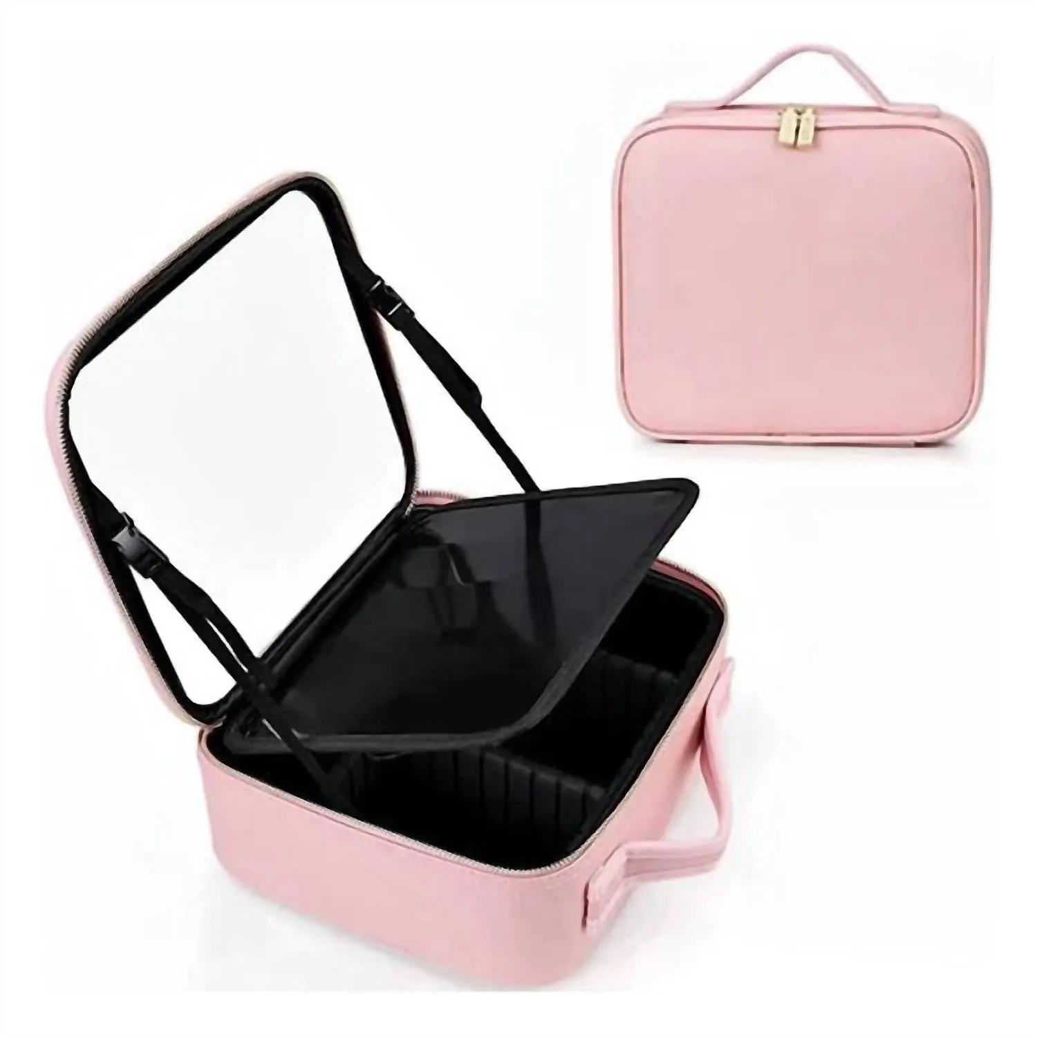 Makeup Bag With Led Mirror Cosmetic Travel Case In Pink