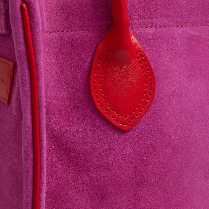 Parker - Pink Suede with Red Leather Saddle Handle and Piping