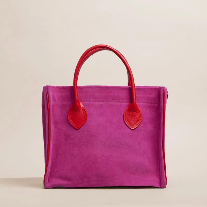 Parker - Pink Suede with Red Leather Saddle Handle and Piping
