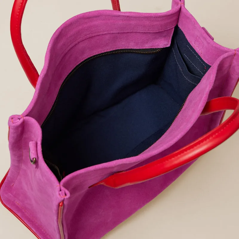 Parker - Pink Suede with Red Leather Saddle Handle and Piping