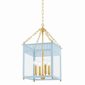 Rosalie Four Light Lantern Aged Brass/Soft Arctic Blue Ceiling Lights Lighting outlet store