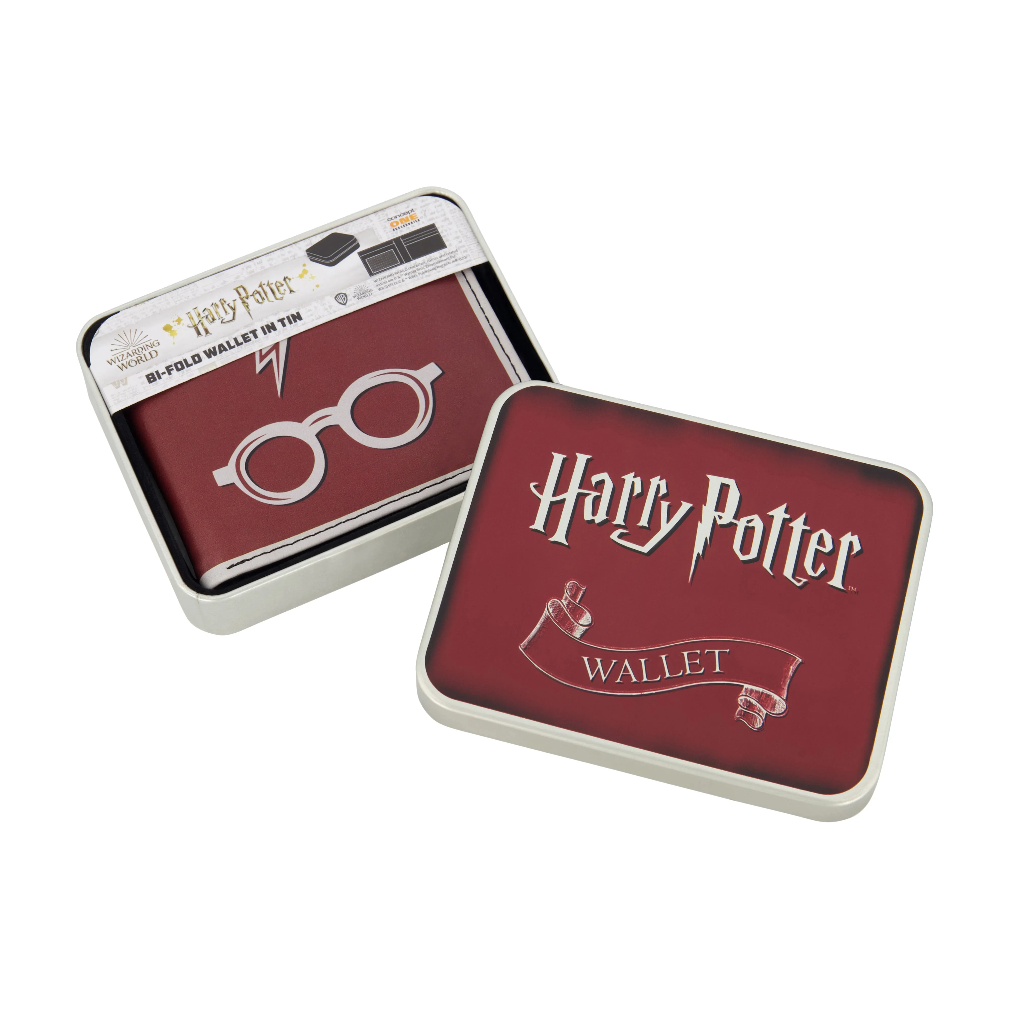 WB HARRY POTTER Lightining Bolt And Glasses in Burgundy Bifold Wallet, Slim Wallet with Decorative Tin for Men and Women